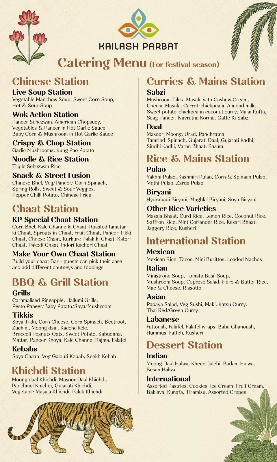 Kailash Parbat Bahrain festival catering menu — Chinese, Chaat, BBQ, Khichdi, Curries, Rice, International and Dessert stations